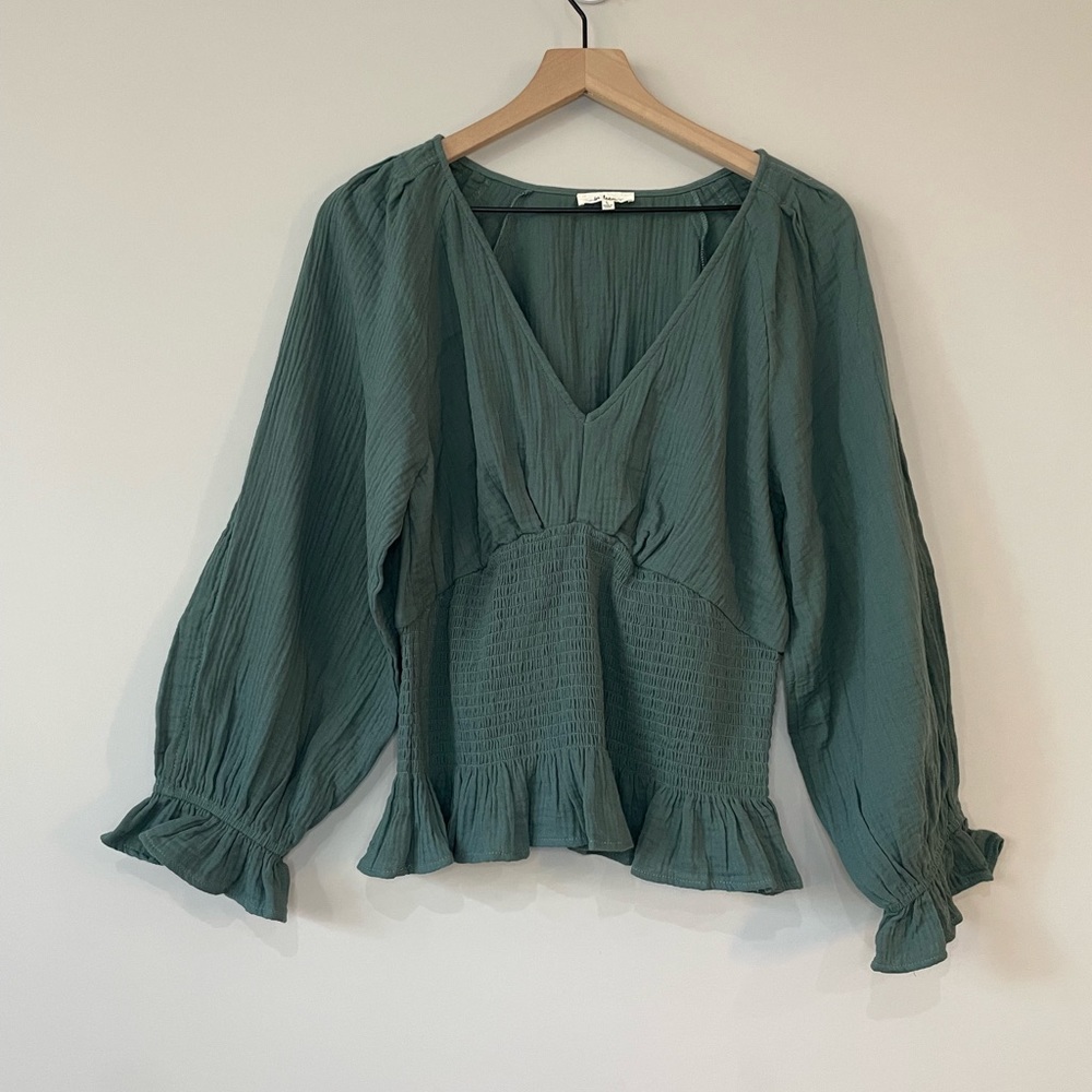 In loom deep V neck balloon sleeve shirred waist blouse